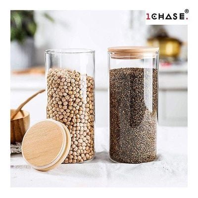 1CHASE Food Storage Jar With Bamboo Lid Set of 2, 1200ml