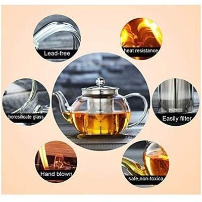 1CHASE Borosilicate Teapot With Heat Resistant Stainless Steel Infuser Tea Pot Clear/Silver 1500ml