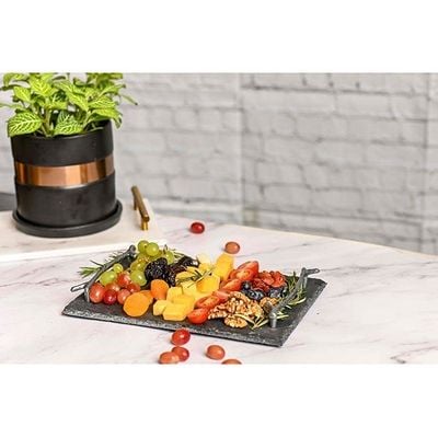 1CHASE Natural Stone Slate Serving Tray With Arborization Handle Grey 30x20cm