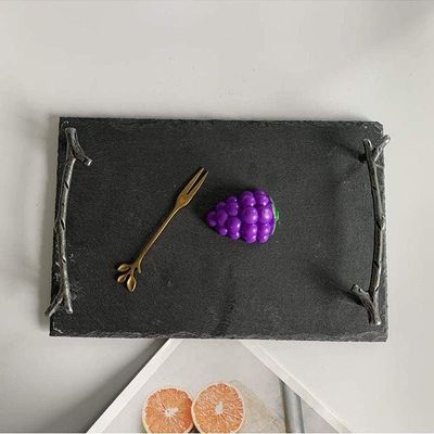 1CHASE Natural Stone Slate Serving Tray With Arborization Handle Grey 30x20cm