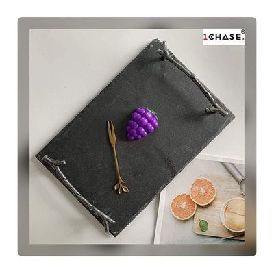 1CHASE Natural Stone Slate Serving Tray With Arborization Handle Grey 30x20cm