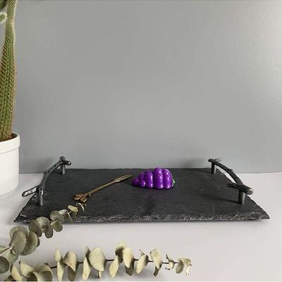 1CHASE Natural Stone Slate Serving Tray With Arborization Handle Grey 30x20cm