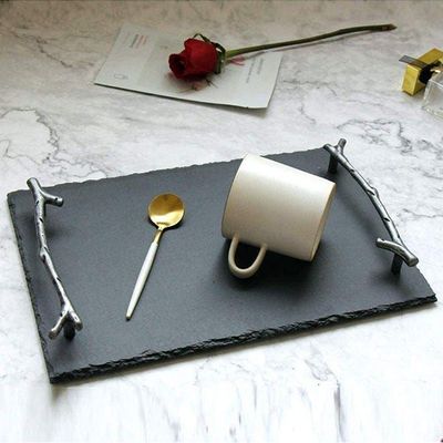 1CHASE Natural Stone Slate Serving Tray With Arborization Handle Grey 30x20cm