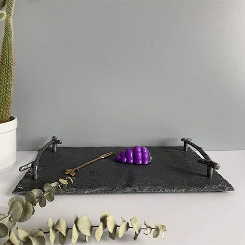 1CHASE Natural Stone Slate Serving Tray With Arborization Handle Grey 30x20cm