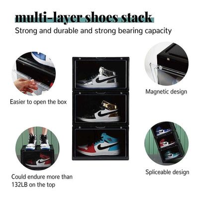 1CHASE Stackable Shoe Storage Box, Side Open Black 2Pcs Set