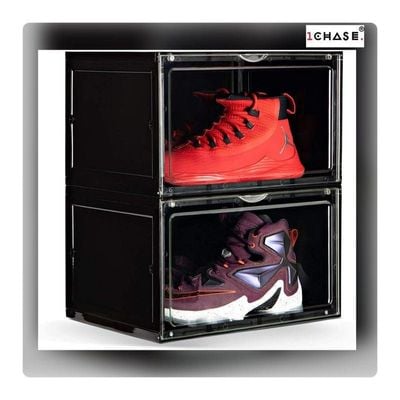 1CHASE Stackable Shoe Storage Box, Side Open Black 2Pcs Set
