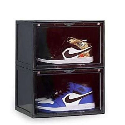 1CHASE Stackable Shoe Storage Box, Side Open Black 2Pcs Set