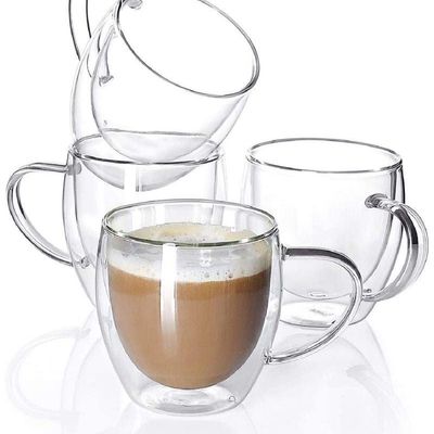 1CHASE Double Wall Coffee Tea Cup With Handle 250 ML Set of 4