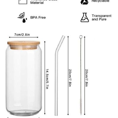 1CHASE Borosilicate Glass Mason Jar With Bamboo Lid, Glass Straw and Cleaning Brush Set Of 2 550 ML