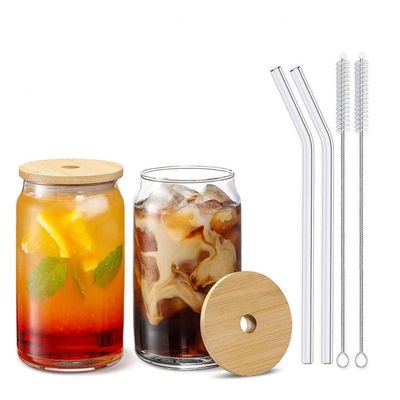 1CHASE Borosilicate Glass Mason Jar With Bamboo Lid, Glass Straw and Cleaning Brush Set Of 2 550 ML