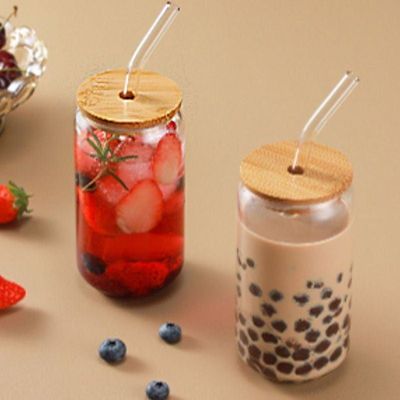 1CHASE Borosilicate Glass Mason Jar With Bamboo Lid, Glass Straw and Cleaning Brush Set Of 2 550 ML