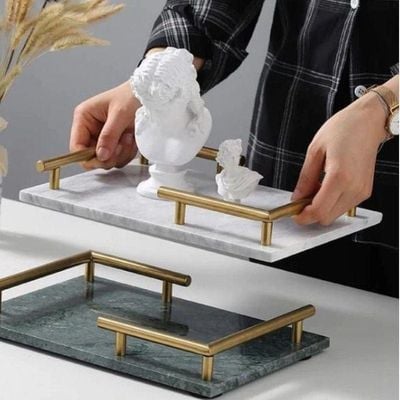 1CHASE Rectangular White Marble Tray with  Gold Handles