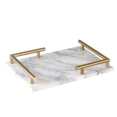 1CHASE Rectangular White Marble Tray with  Gold Handles