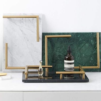 1CHASE Rectangular White Marble Tray with  Gold Handles