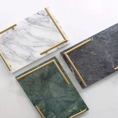 1CHASE Rectangular White Marble Tray with  Gold Handles