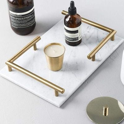 1CHASE Rectangular White Marble Tray with  Gold Handles