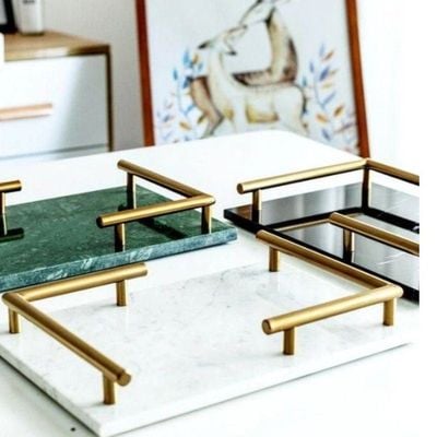 1CHASE Rectangular White Marble Tray with  Gold Handles