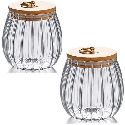 1CHASE Borosilicate Glass Storage Jar With Airtight Bamboo Lid and Metal Handle Set Of 2 , 700ML Oval