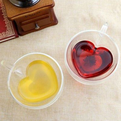 1CHASE Double Wall Heart Shape Glass With Handle Set of 2 180 ML