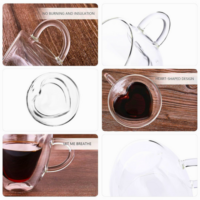 1CHASE Double Wall Heart Shape Glass With Handle Set of 2 180 ML