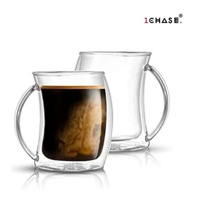 1CHASE  Double Wall Wave Design  Drinking Cup with Handle 2Pcs Set 250 ML