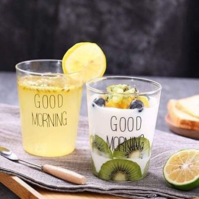 1CHASE Borosilicate Good Morning Printed Glass Cup for Juice Tea Coffee and  for everyday use 400 ML  Set of 2