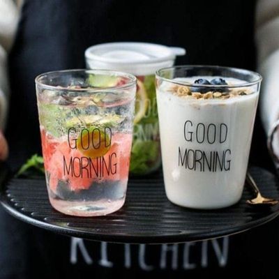 1CHASE Borosilicate Good Morning Printed Glass Cup for Juice Tea Coffee and  for everyday use 400 ML  Set of 2