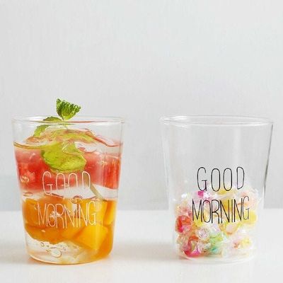 1CHASE Borosilicate Good Morning Printed Glass Cup for Juice Tea Coffee and  for everyday use 400 ML  Set of 2