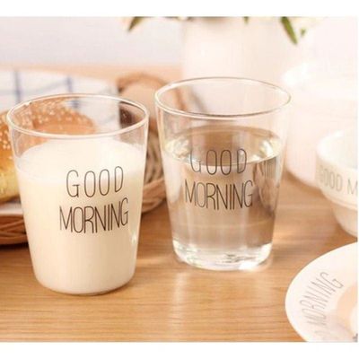 1CHASE Borosilicate Good Morning Printed Glass Cup for Juice Tea Coffee and  for everyday use 400 ML  Set of 2