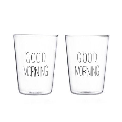 1CHASE Borosilicate Good Morning Printed Glass Cup for Juice Tea Coffee and  for everyday use 400 ML  Set of 2