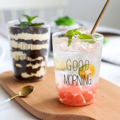 1CHASE Borosilicate Good Morning Printed Glass Cup for Juice Tea Coffee and  for everyday use 400 ML  Set of 2