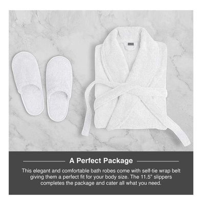 Terry  Shawl Collar Bathrobe With Slippers for Women and Men Lightweight Robe White Medium