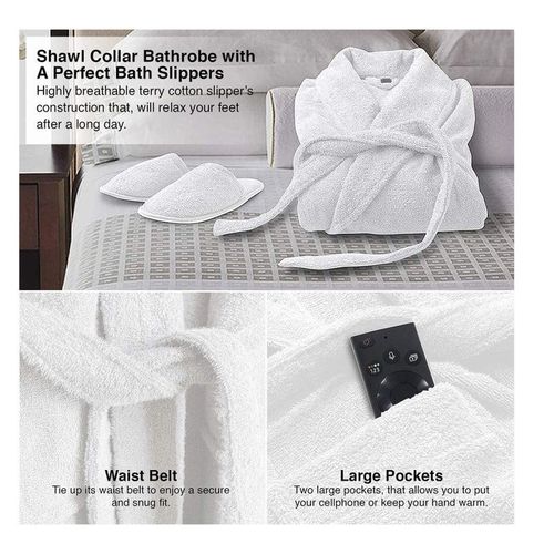 Terry  Shawl Collar Bathrobe With Slippers for Women and Men Lightweight Robe White Medium