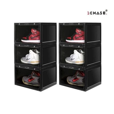 1CHASE Stackable Shoe Storage Box, Side Open Black 6Pcs Set