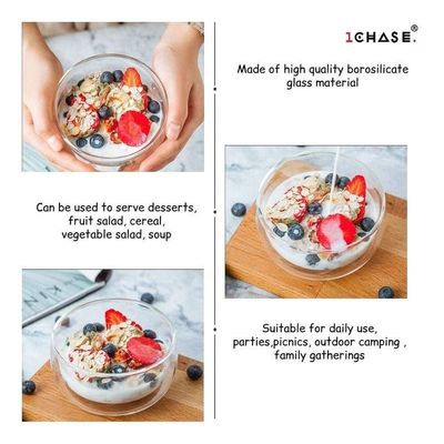 1Chase Double Wall Borosilicate Salad, Pasta, Matcha, Rice, Soup Bowl, Hot And Cold Serving Bowls Fruit Bowls Set of 2   300ML