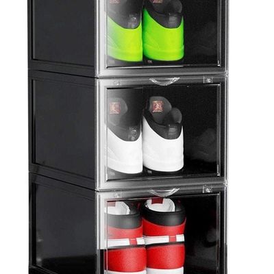 1CHASE Stackable Shoe Storage Box Black Front Open 3Pcs Set