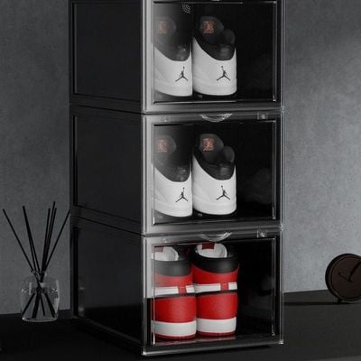 1CHASE Stackable Shoe Storage Box Black Front Open 3Pcs Set