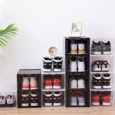 1CHASE Stackable Shoe Storage Box Black Front Open 3Pcs Set