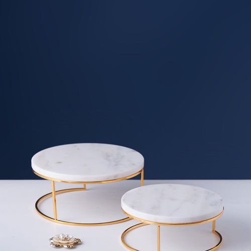 1CHASE Round Marble Tray Stand Set Of 2 Pcs White