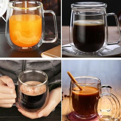 Double Walled Glass Coffee Cups With Handle And Glass Lid