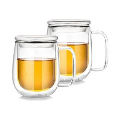 Double Walled Glass Coffee Cups With Handle And Glass Lid