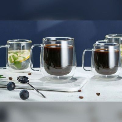 Double Walled Glass Coffee Cups With Handle And Glass Lid