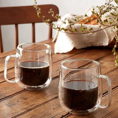 Double Walled Glass Coffee Cups With Handle And Glass Lid