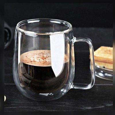 Double Walled Glass Coffee Cups With Handle And Glass Lid