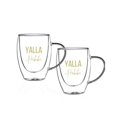 1CHASE Double Walled "Yalla Habibi" Printed Glass Mug With Handle Set of 2