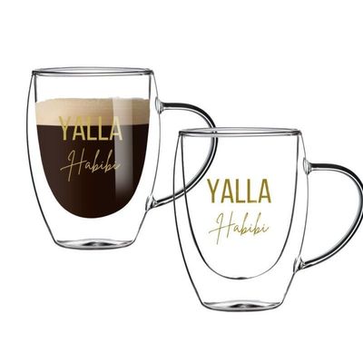 1CHASE Double Walled "Yalla Habibi" Printed Glass Mug With Handle Set of 2