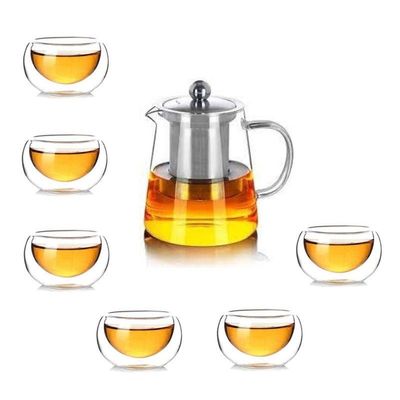 1CHASE Borosilicate Glass Teapot 950 ML With Double Wall Glass 50 ML pack of 6