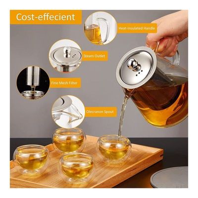 1CHASE Borosilicate Glass Teapot 950 ML With Double Wall Glass 50 ML pack of 6