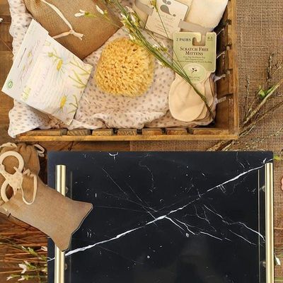 1CHASE Marble Tray with Gold Handle (Black) 30x20 cm