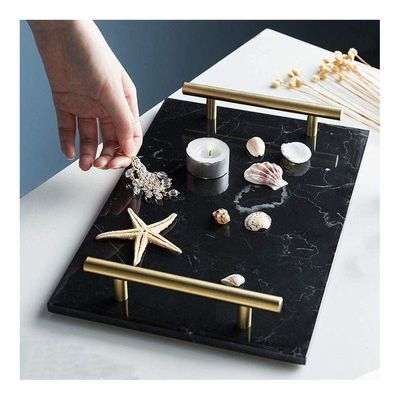 1CHASE Marble Tray with Gold Handle (Black) 30x20 cm